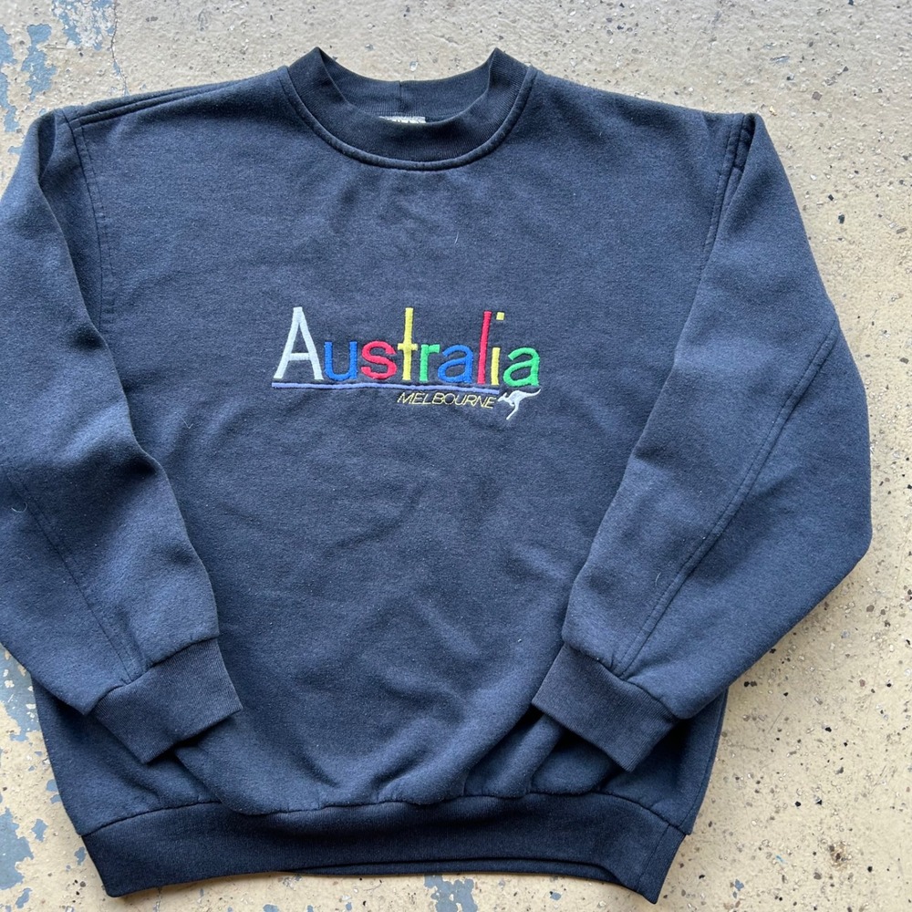 Vintage 80s  Australia Melbourne Sweatshirt Mens XL Black Embroidered boxy